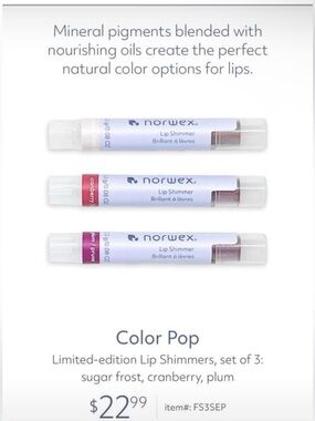 Norwex Color Pop Lip Shimmer Trio - Sugar Frost, Cranberry, Plum - NEW